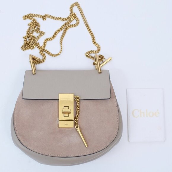 CHLOE Drew crossbody bag gold chain leather suede taupe - Picture 1 of 16